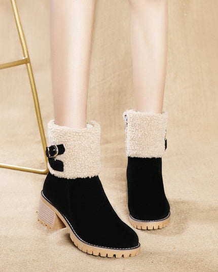 Women's thick heel leather buckle warm boots - Libiyi
