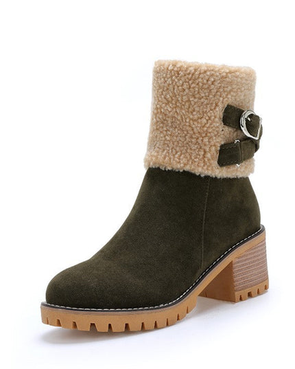 Women's thick heel leather buckle warm boots - Libiyi