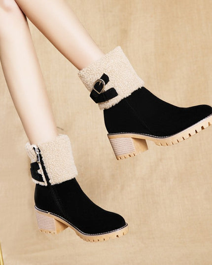Women's thick heel leather buckle warm boots - Libiyi