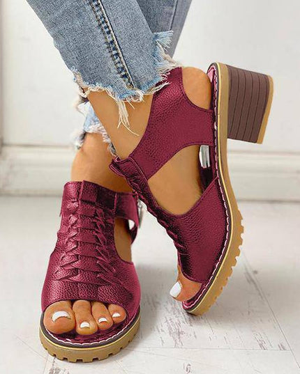 Libiyi Peep Toe Cutout Zipper Chunky Heeled Sandals - Libiyi