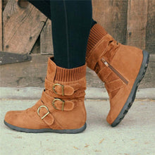 Load image into Gallery viewer, Cushioned Low-Calf Buckled Boots Low Heel Knitted Fabric Zipper Slip On Boots - MagCloset