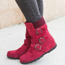 Load image into Gallery viewer, Cushioned Low-Calf Buckled Boots Low Heel Knitted Fabric Zipper Slip On Boots - MagCloset