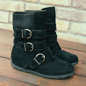 Cushioned Low-Calf Buckled Boots Low Heel Knitted Fabric Zipper Slip On Boots - MagCloset