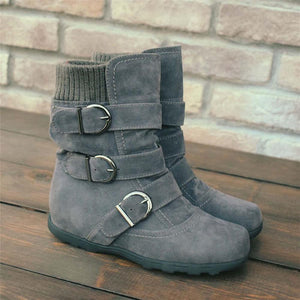 Cushioned Low-Calf Buckled Boots Low Heel Knitted Fabric Zipper Slip On Boots - MagCloset